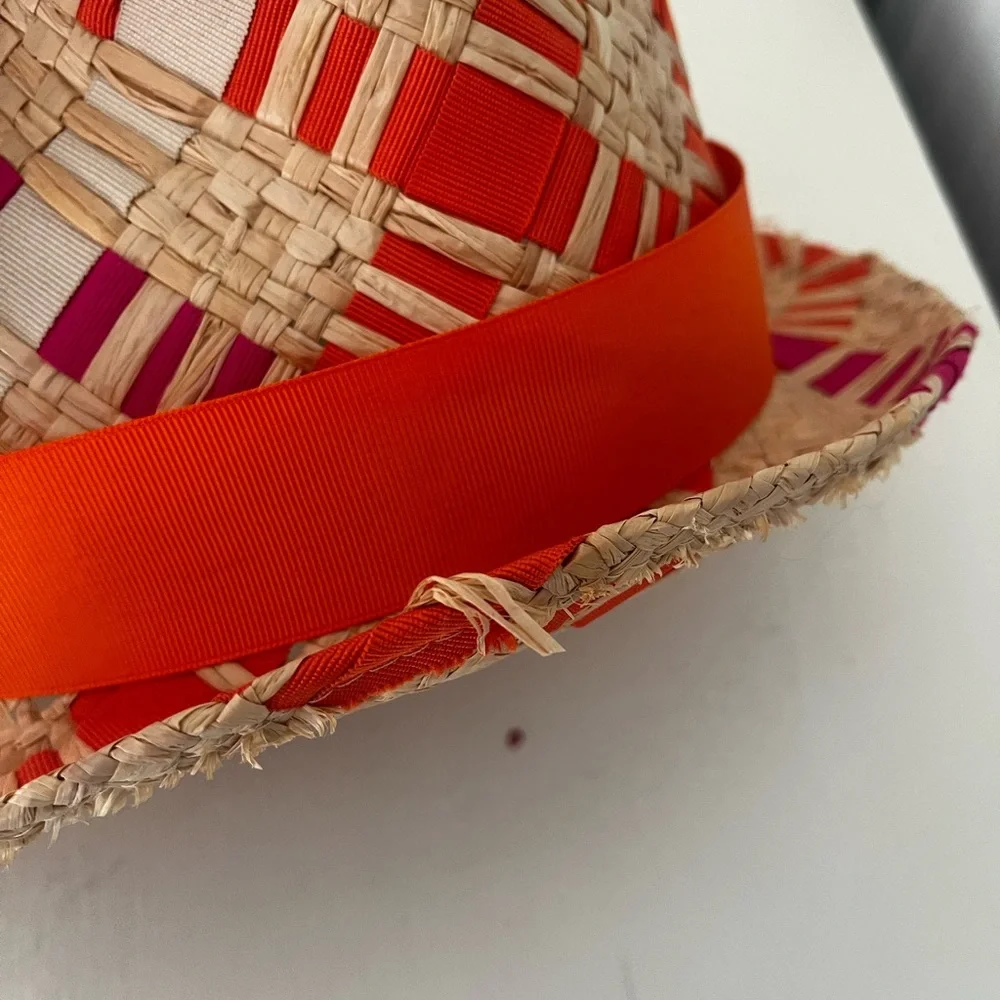 Jonathan Adler Straw Ribbon Orange and Pink Fedora Hat - Picture 9 of 10
